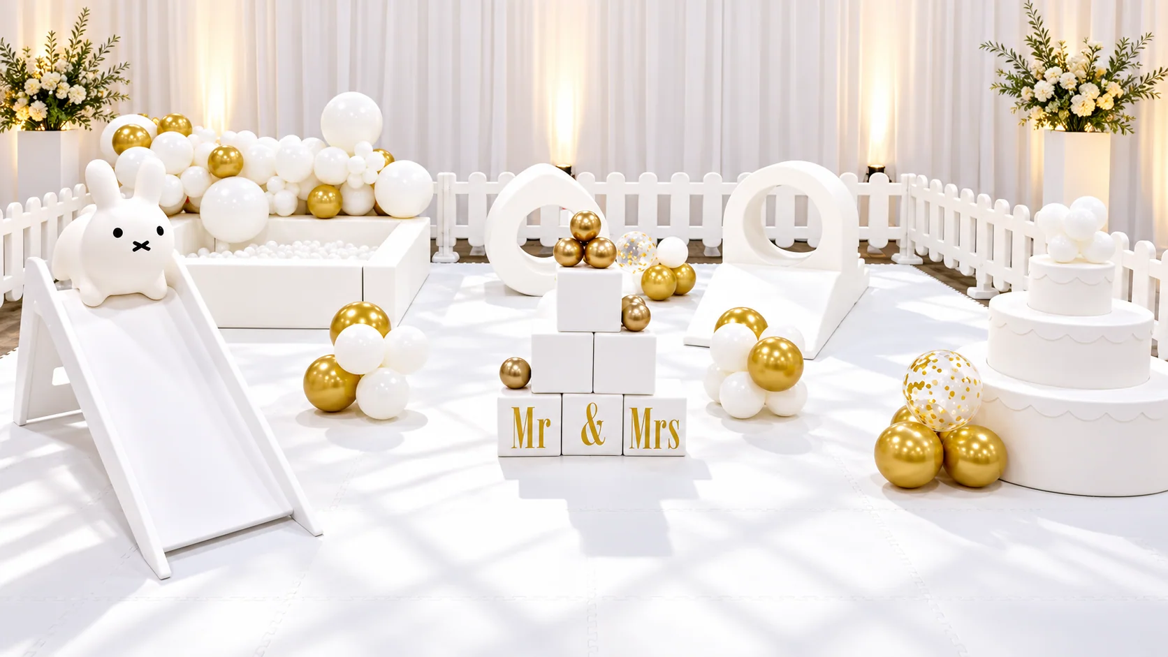 White and gold deluxe soft play setup for a large celebration