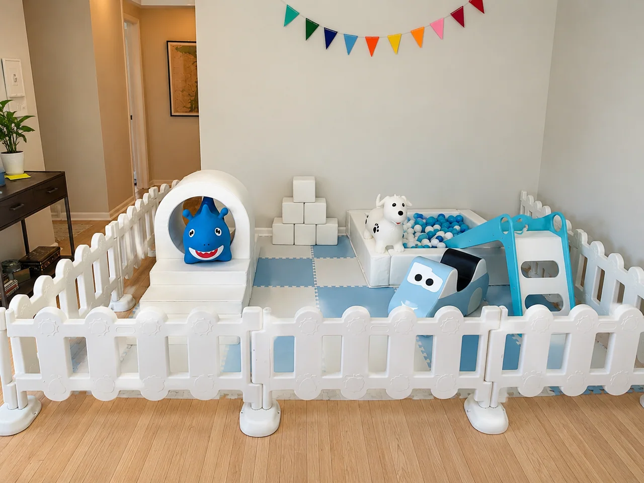 Blue and white indoor soft play setup in a family home